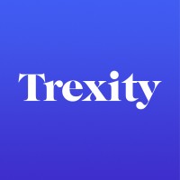 A blue logo with white alphabets spelled as Trexity