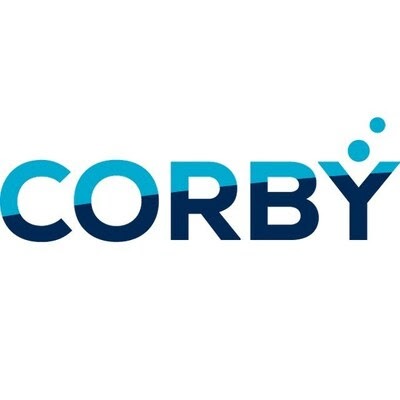 A logo names CORBY in capitals in blue color with two dots on alphabet Y